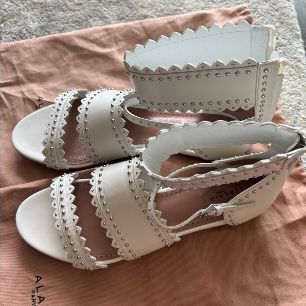 Alaia White Leather Sandals with Silver Studs